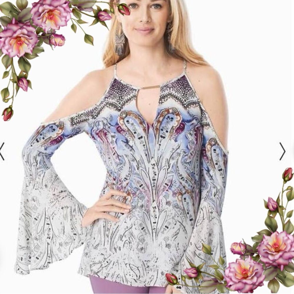 WHBM Paisley Print Open Cold Shoulders‎ Lined Blouse Long Bell Sleeves